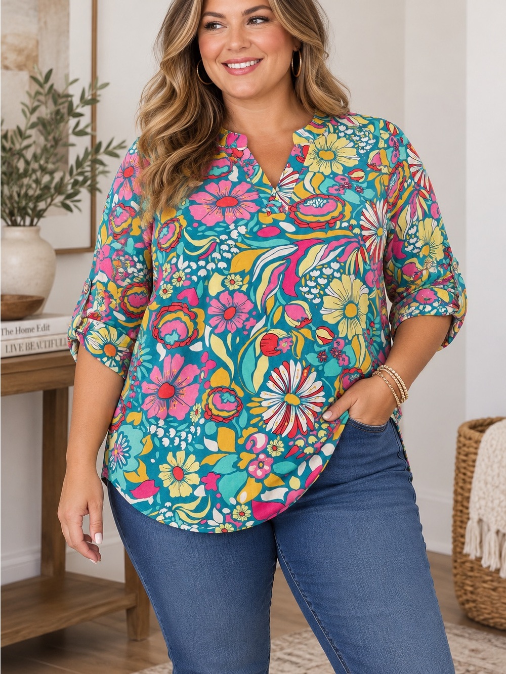 Scarlett Teal Floral Split-Neck Blouse